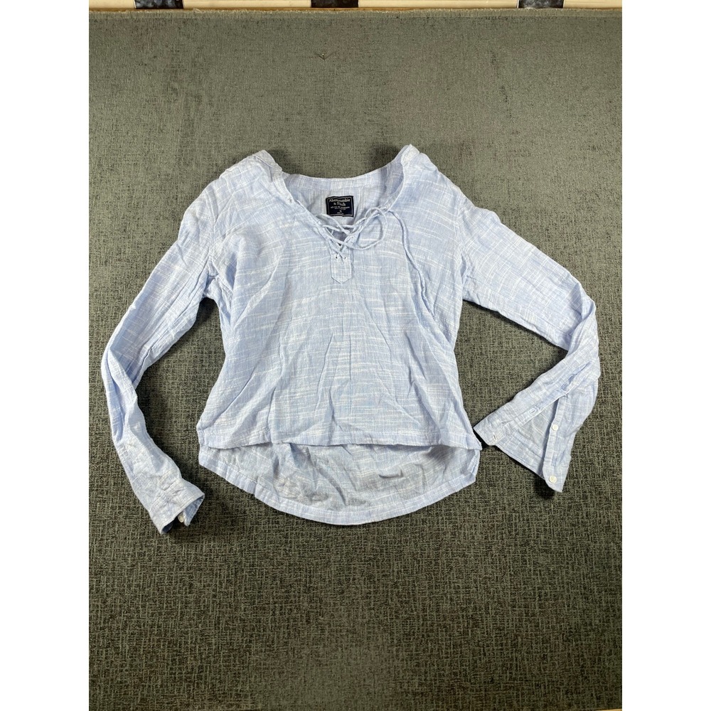 Abercrombie & Fitch Blue White Slub Lace Up V-Neck Long Sleeve Blouse Medium